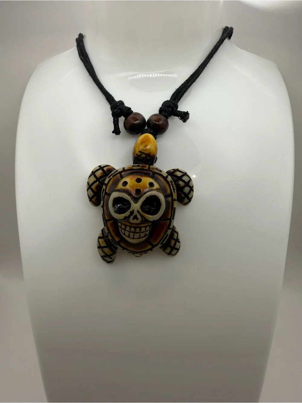 Resin Turtle Skull Pendant Necklace, Wood Beads, Adjustable Black Cord
